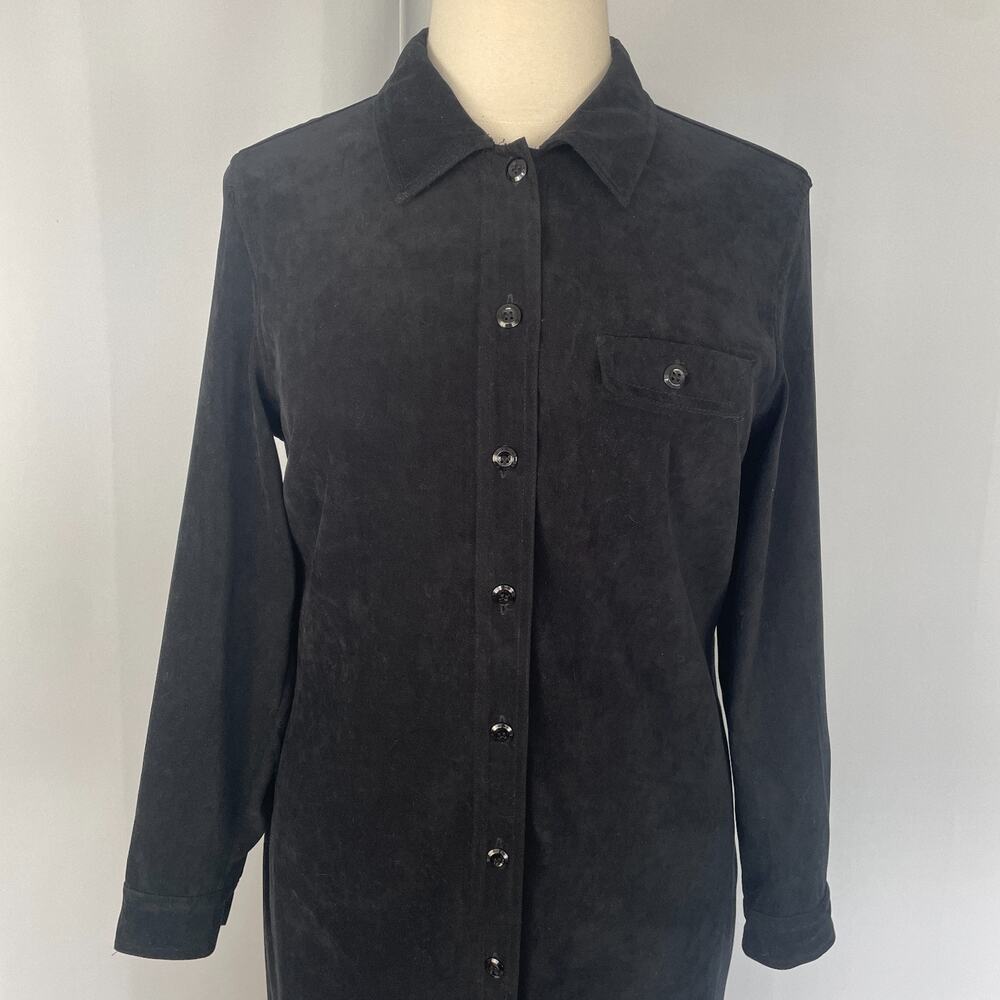Vintage Maxi Dress Size 16 Black Solid Shirt Button Faux Suede Minimal Goth - Picture 2 of 12
